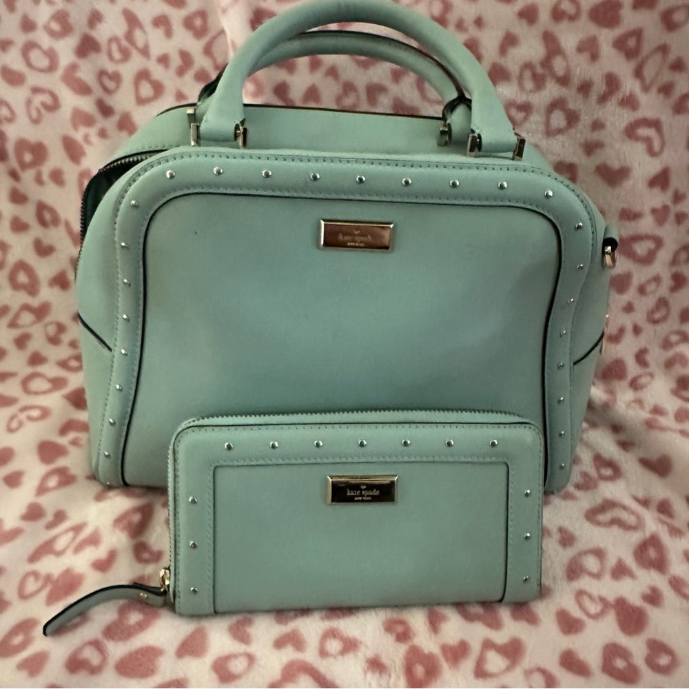 Kate Spade Aqua Blue Studded Leather Satchel with Matching Wallet